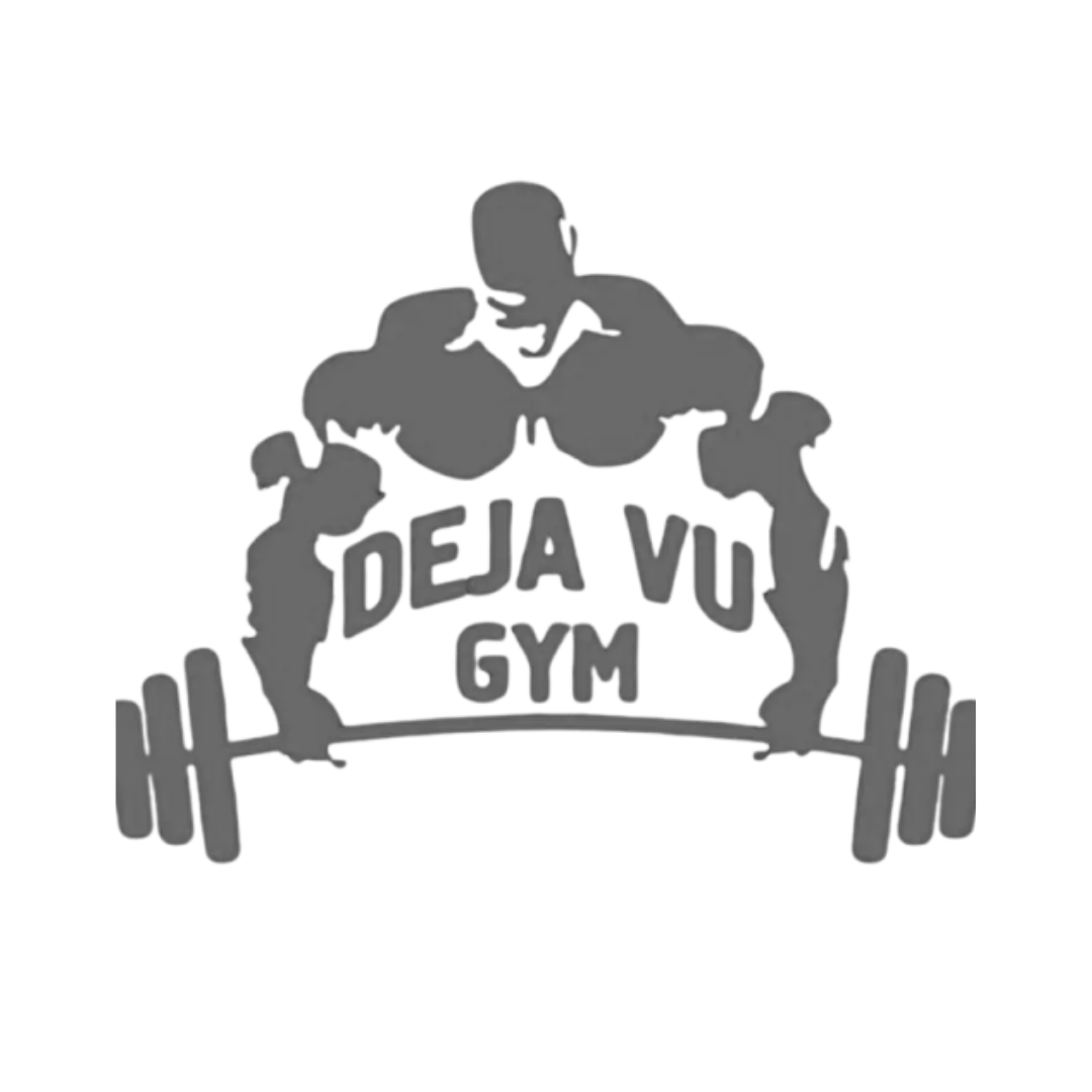 Лого на Deva Vu Gym с щанга и силуети на атлети.